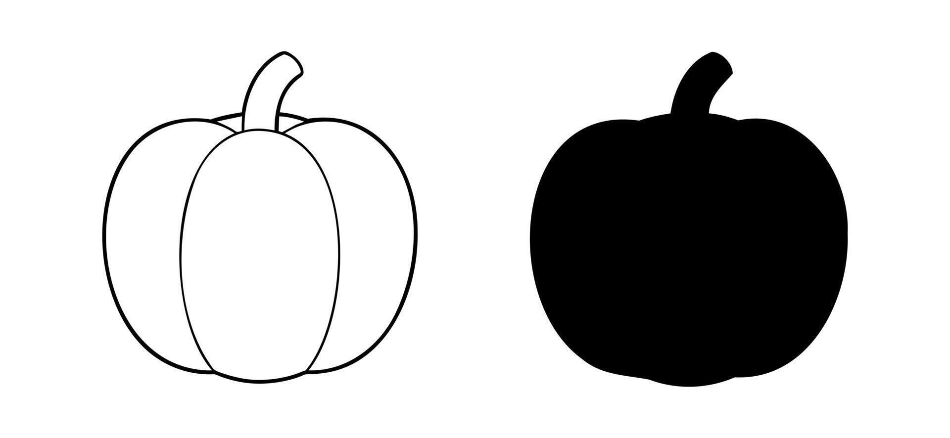 uppsättning av svart pumpor, silhuett och översikt, illustration isolerat på vit bakgrund. ikon, logotyp, tecken, piktogram. begrepp av minimalistisk halloween dekor, säsong- grafisk design, jordbruk, skörda. vektor
