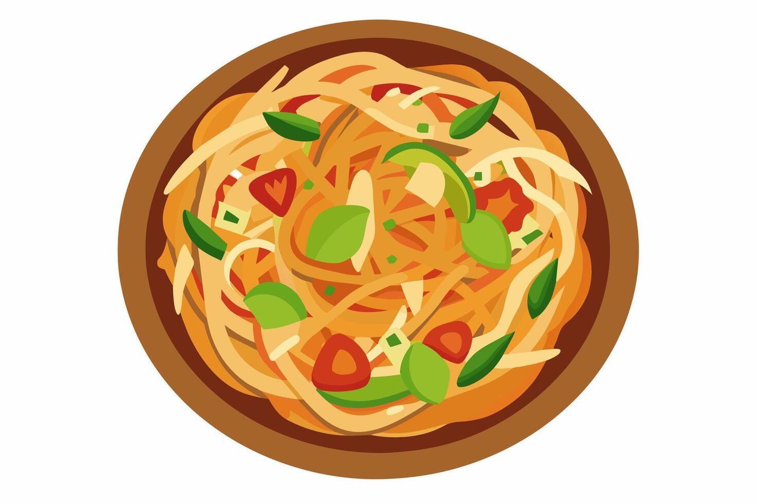 vaddera thai med tofu, spaghetti, och grönsaker i en skål. traditionell thai maträtt. begrepp av friska äter, vegetarian kök, asiatisk kulinariska tradition. grafisk illustration isolerat på vit bakgrund vektor