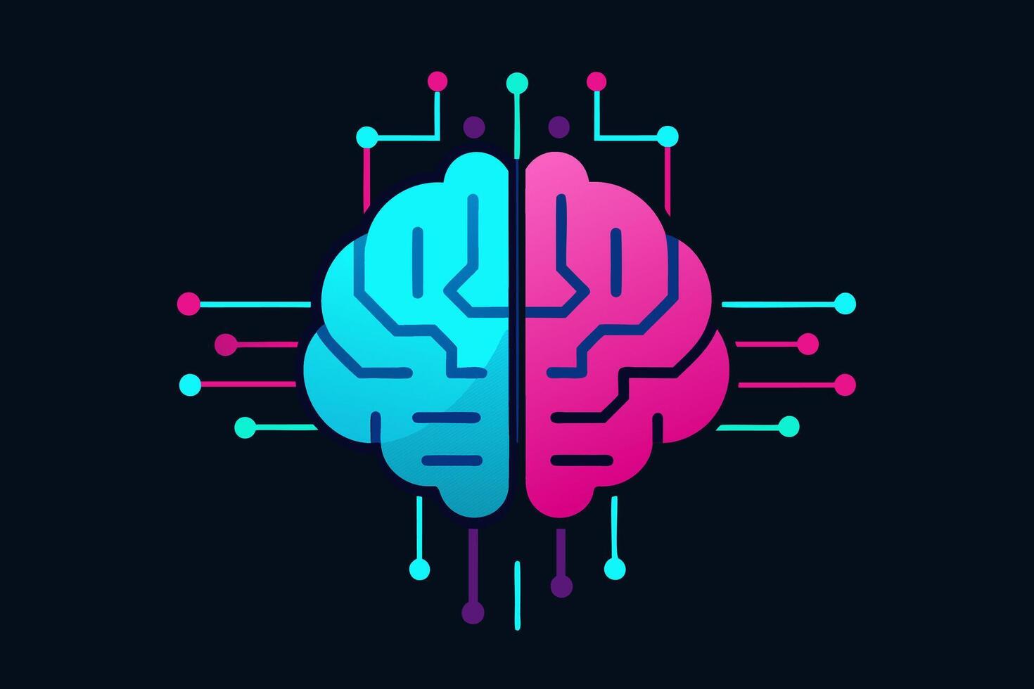 trogen hjärna i neon färger. lysande hjärna i nätverk miljö. begrepp av artificiell intelligens, mänsklig intelligens, Hjärnkraft. isolerat på svart bakgrund. skriva ut. design. grafisk konst vektor