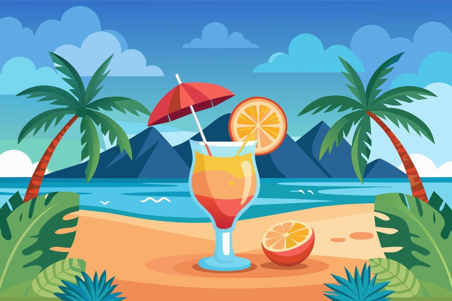 erfrischend tropisch Cocktail gegen tropisch Ozean Hintergrund. beschwingt trinken im natürlich Einstellung. Konzept von Sommer- Getränke, erfrischend Getränke, exotisch Cocktails, Freizeit. Grafik Illustration vektor