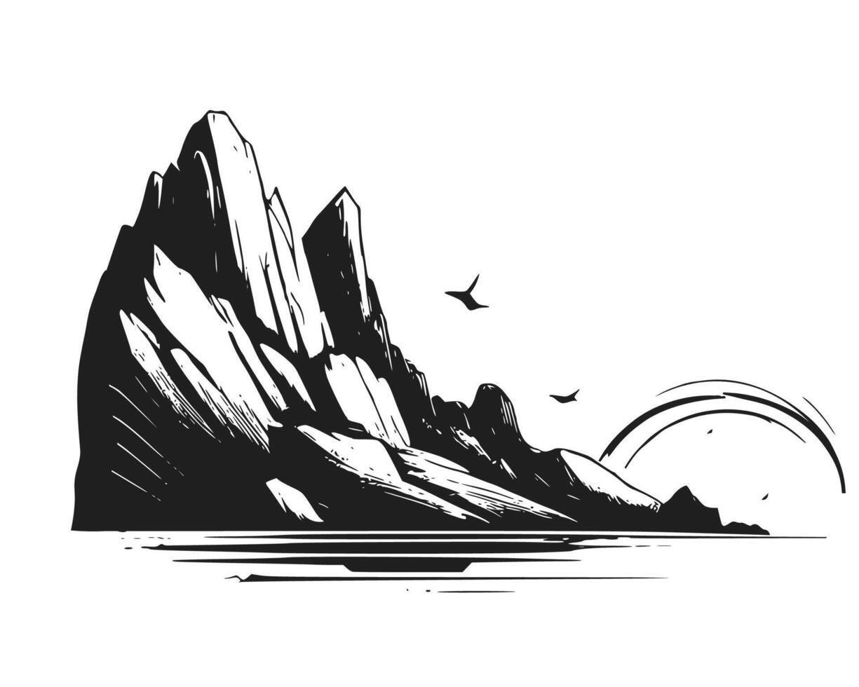 schwarz und Weiß Berg Landschaft Sonnenaufgang. vektor