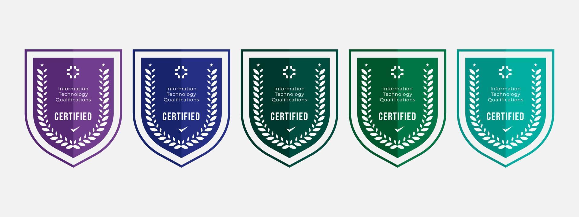 certifierad logotyp märke sköld design för företag utbildning märke certifikat till informationsteknik kvalificerad certifierad. set bunt certifiera med färgglada säkerhet vektor illustration.