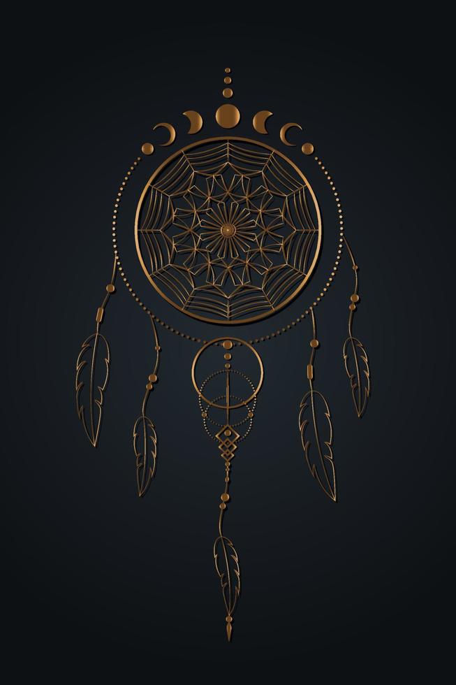 detaljerad drömfångare med mandala ornament och månfaser. guldmystisk symbol, etnisk konst med indiansk bohodesign, vektor isolerad på svart bakgrund