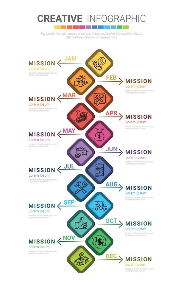 Infografik-Elementdesign für den ganzen Monat, kann für das Geschäftskonzept mit 12 Optionen verwendet werden. vektor