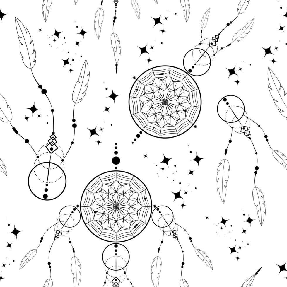 Dreamcatcher doodle nahtloses Muster, Mandala-Ornament und magische Sterne. mystisches Symbol, ethnische Kunst mit indianischem indianischem Boho-Stil-Design, Vektor isoliert auf weißem Hintergrund