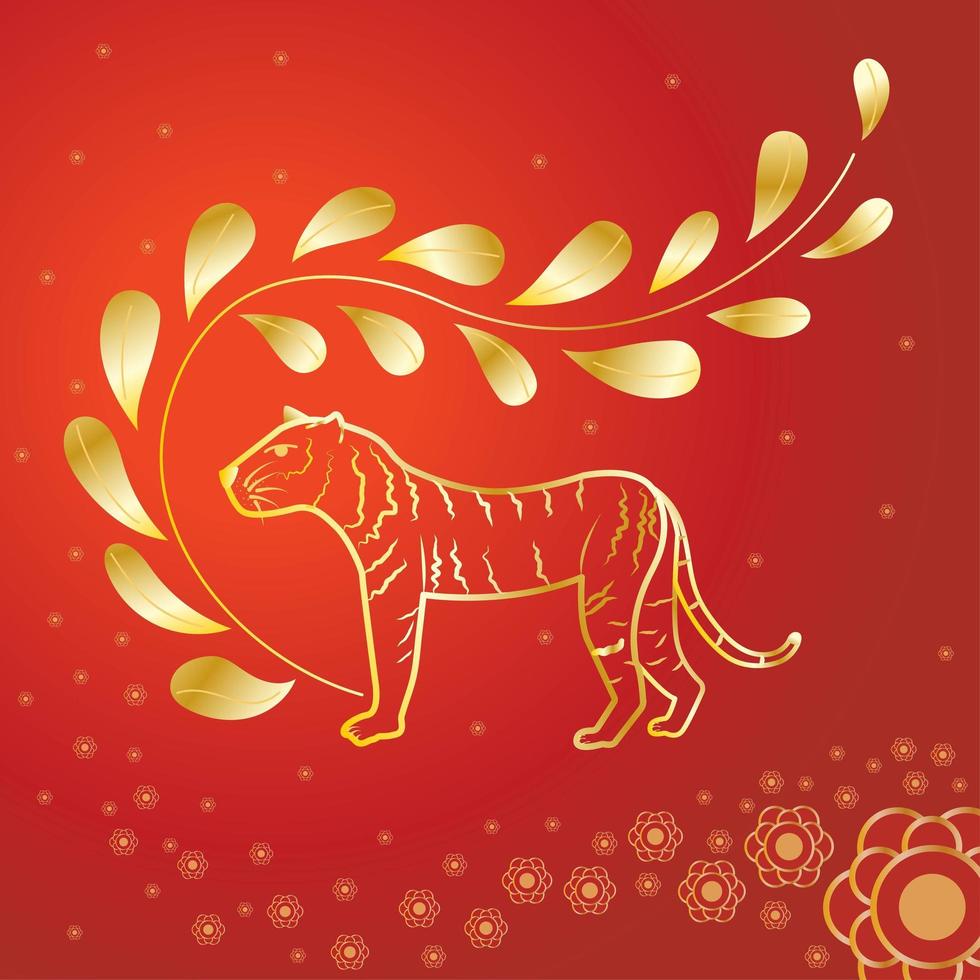 Tiger im Strichkunststil mit goldenem Farbverlaufszweig auf rotem Hintergrund vektor