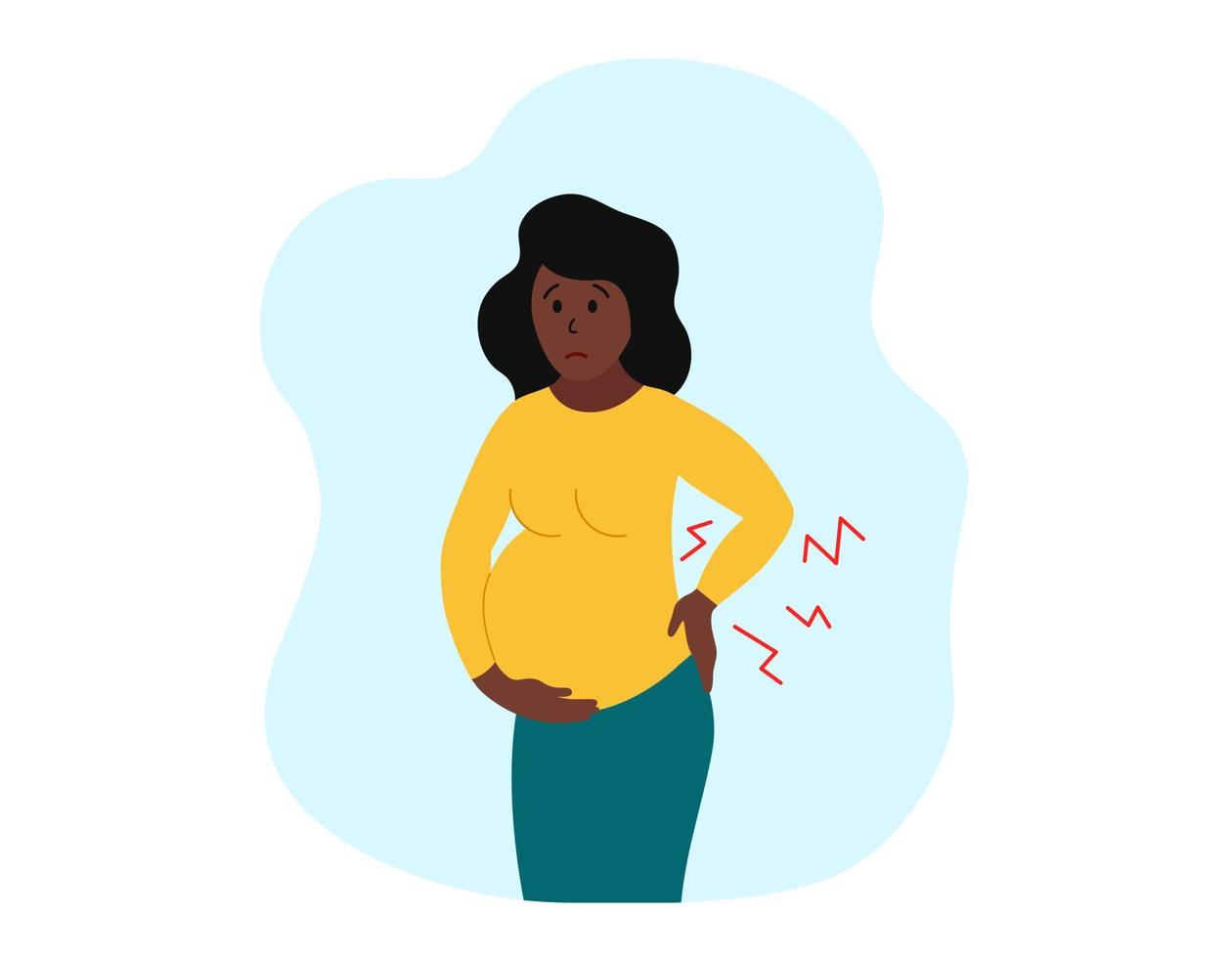 ryggvärk under graviditeten. gravid ledsen afrikansk amerikansk person kvinna som lider av smärta i nedre delen av ryggen. vektor koncept illustration