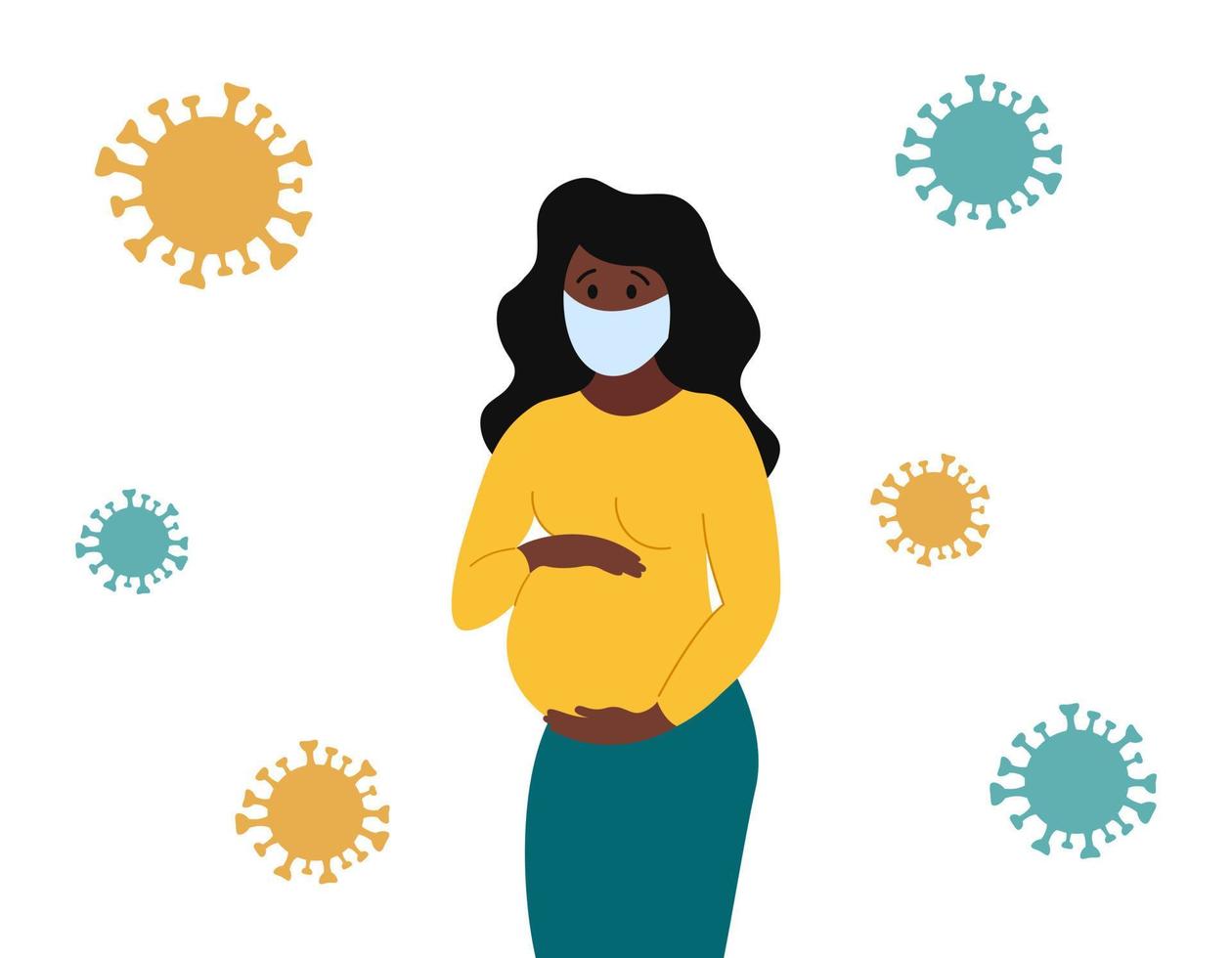 gravid kvinna i medicinsk ansiktsmask och covid-virus. hälsosam säkerhet graviditet under pandemi koncept. ung mamma är rädd för coronaviruset. platt vektor illustration