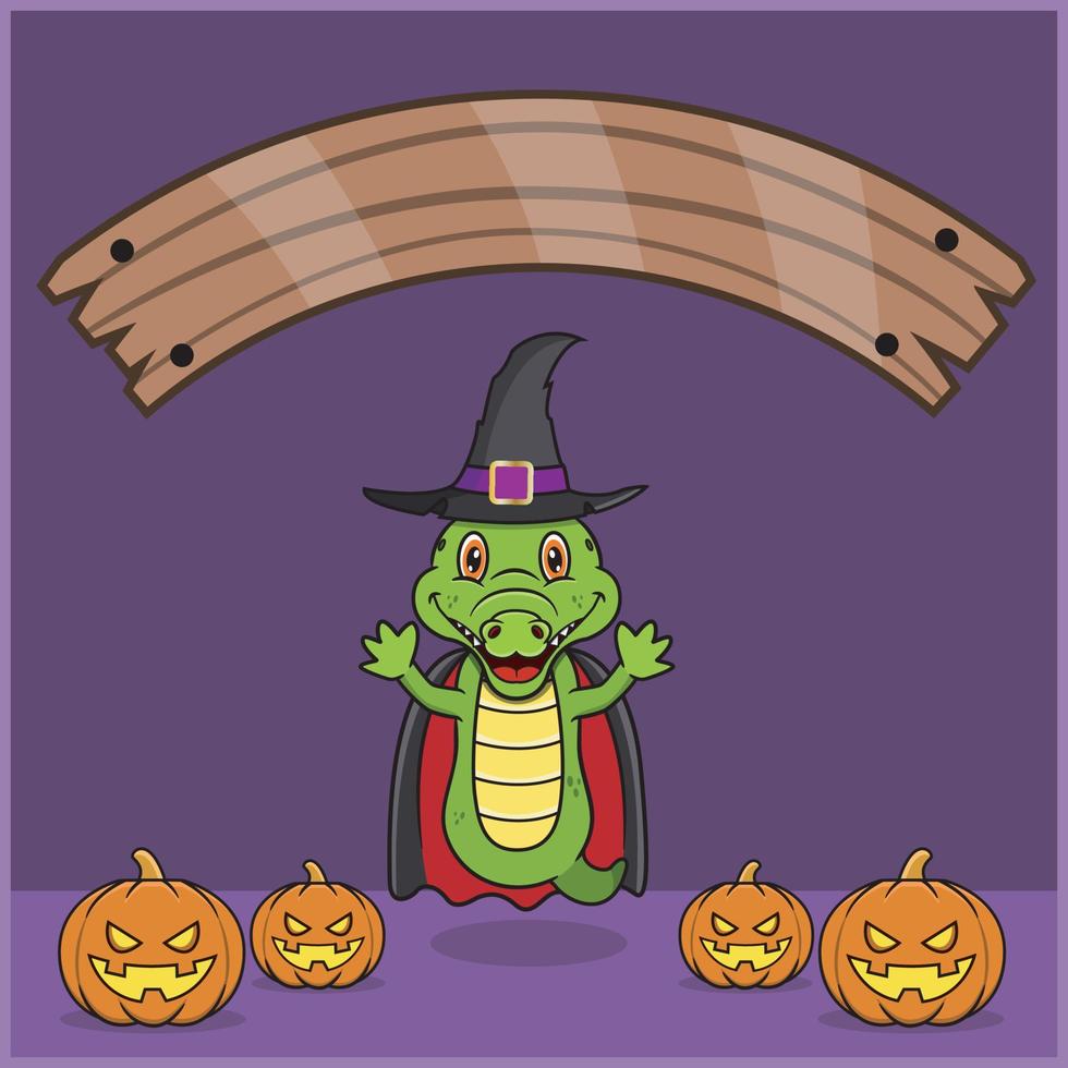 Süßes Krokodiltier, das Vampir-Halloween-Custome trägt, mit Leerzeichen-Banner, Kürbissen und Flugposition. vektor