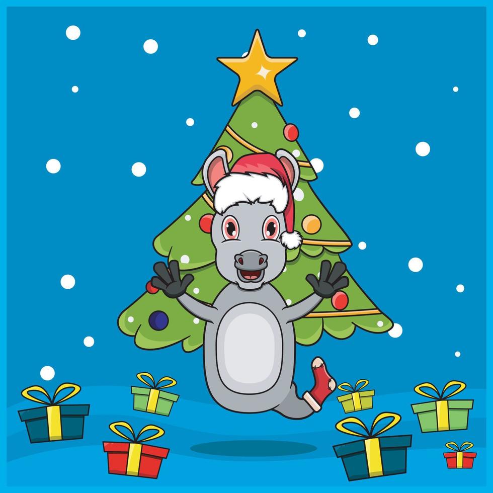 Süßes Tierweihnachten mit Esel-Charakter-Design, Socken- und Hutweihnachten tragen. Wald Hintergrund. perfekt für Hintergrund, Grußkarte, Label und Symbol. vektor