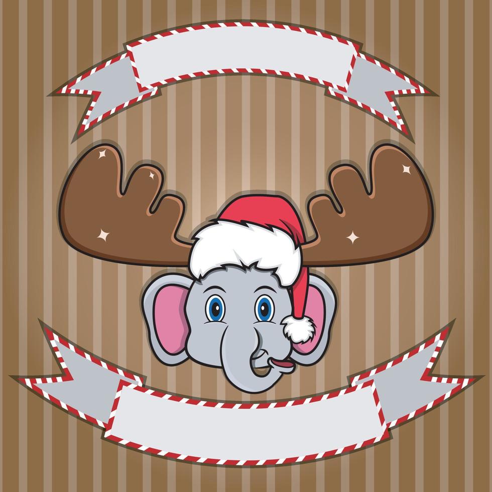 sött elefanthuvud med julhatt. tom etikett och banner. karaktär, maskot och ikon. vektor