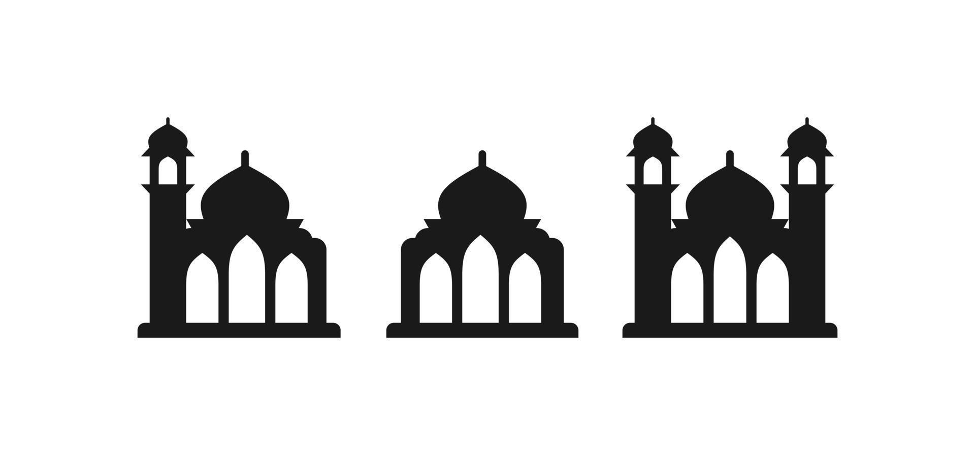 uppsättning av moskéikonen med minaret. tillbedjan plats symbol för plats plan vektor