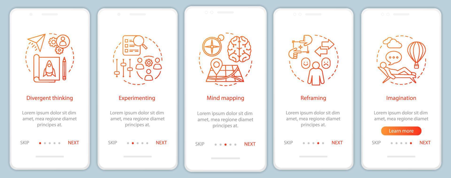 kreativt tänkande onboarding mobil app sidskärm vektor mall. hr mjuka färdigheter och förmågor. fantasi, experiment, mindmapping. genomgång av webbplatsens steg. ux, ui, gui smartphone-gränssnitt