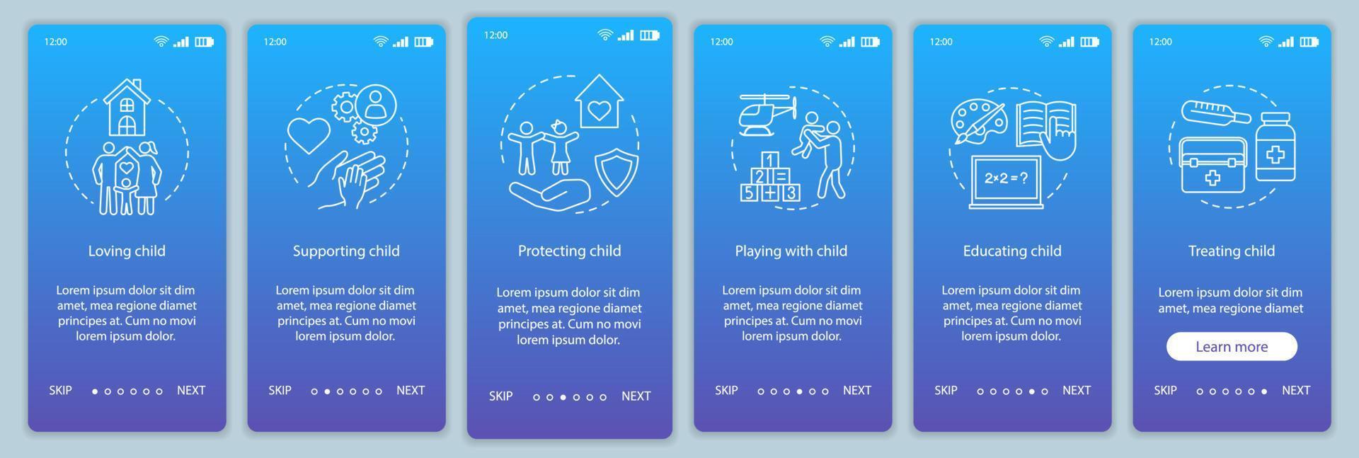 Kinderrechte beim Onboarding der mobilen App-Seitenbildschirmvektorvorlage. lieben, unterstützen, schützen, behandeln. Walkthrough-Website-Schritte mit linearen Illustrationen. ux, ui, gui Smartphone-Schnittstellenkonzept vektor