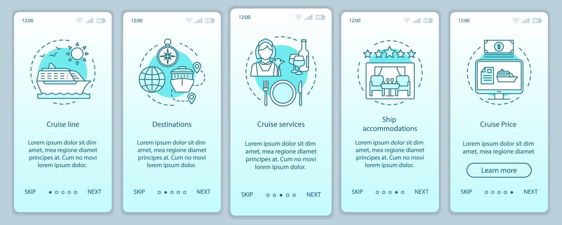 Kreuzfahrtinformationen beim Onboarding der mobilen App-Seite Bildschirmvektorvorlage. Kreuzfahrtlinie, Reiseziele, Dienstleistungen. Walkthrough-Website-Schritte mit linearen Illustrationen. ux, ui, gui Smartphone-Schnittstellenkonzept vektor