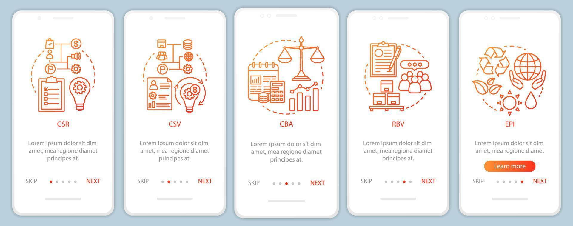 affärsidéer, principer onboarding mobil app sid skärmmall. csr. företagsmedborgarskap. affärsetik. genomgångswebbplats. hållbar utveckling. ux, ui, gui smartphone-gränssnitt vektor