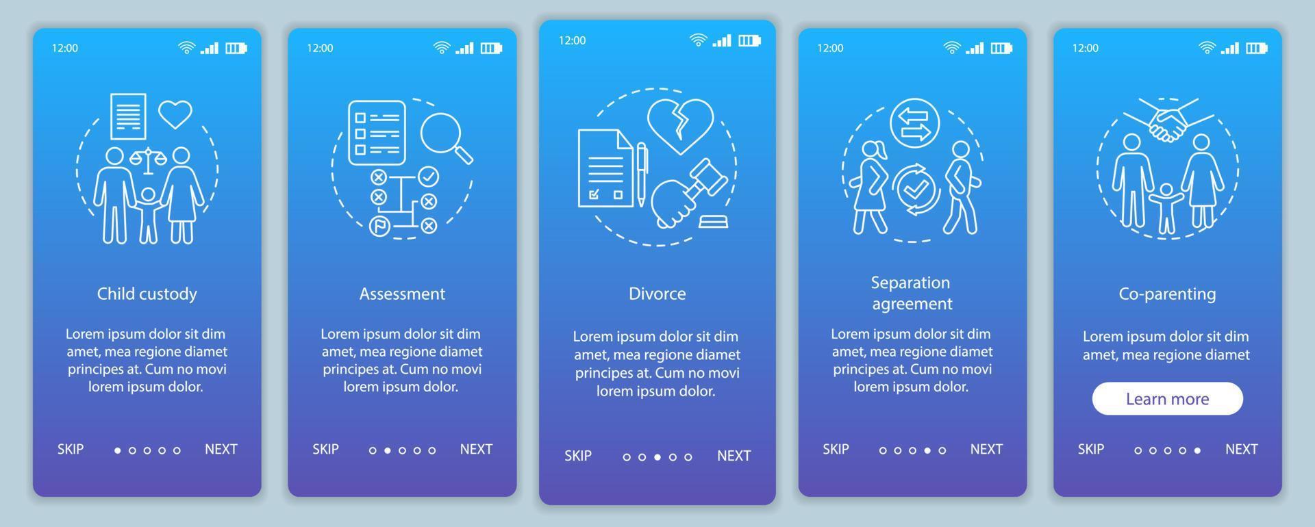 medling onboarding mobil app sida skärm vektor mall. vårdnad av barn, bedömning, skilsmässa, medföräldraskap. genomgång av webbplatssteg med linjära illustrationer. ux, ui smartphone gränssnitt koncept