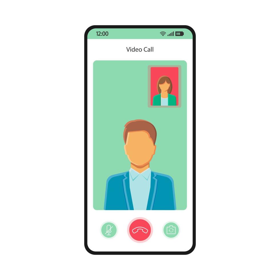 videosamtal smartphone gränssnitt vektor mall. mobil app sida vit design layout. konferens, online videochattskärm. platt UI för applikation. tysta, avböja, byta kamera. telefonens display