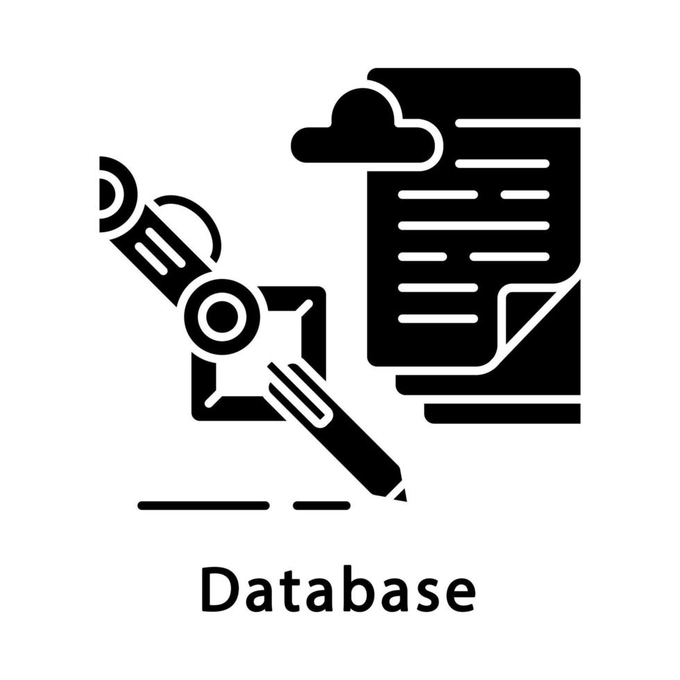 databas glyfikon. datainsamling och bearbetning. robotprocessautomation. robot hand skriver text med penna. rpa. siluett symbol. negativt utrymme. vektor isolerade illustration