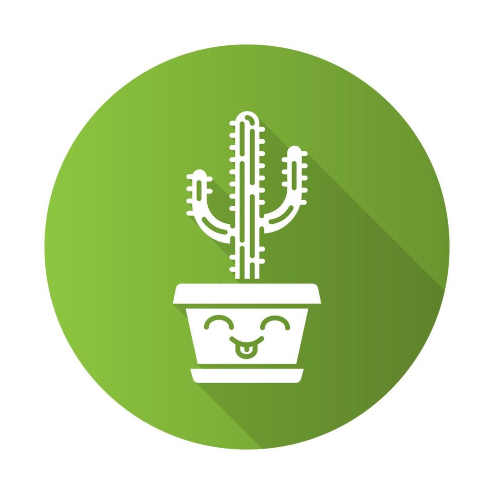 saguaro platt design lång skugga glyfikon. kaktus med leende ansikte. hem kaktusar med tungan ut. glad tropisk växt i kruka. saftig krukväxt. vektor siluett illustration