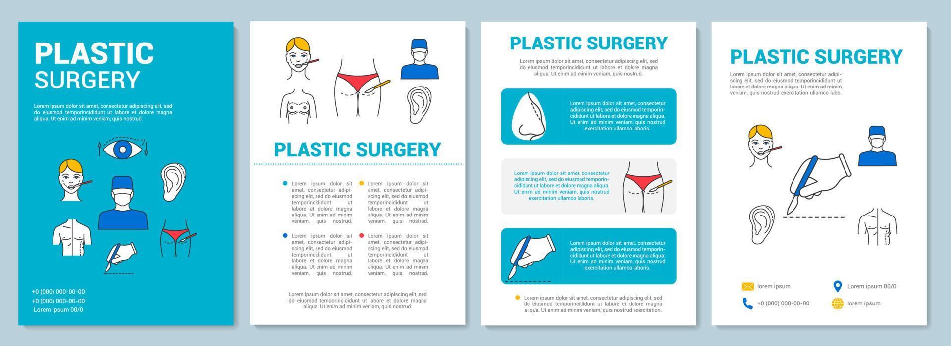 Layout der Broschürenvorlage für plastische Chirurgie. Wiederaufbau des Körpers. Flyer, Broschüre, Broschürendruckdesign mit linearen Illustrationen. Vektorseitenlayouts für Zeitschriften, Geschäftsberichte, Werbeplakate vektor