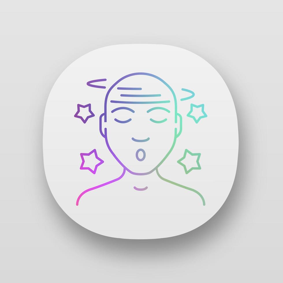 yrsel, trötthet app ikon. huvudvärk, migrän, feber. hjärnskakning, hjärnskada. ui ux användargränssnitt. svindel sjukdom. webb- eller mobilapplikation. förkylning, influensasymptom. vektor isolerade illustration
