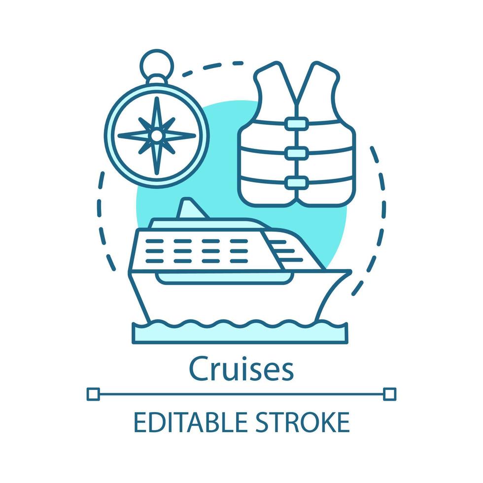 kryssningar koncept ikon. reser till sjöss idé tunn linje illustration. resa. badväst och kompass. kryssningsfartyg, sommarlov. vattentransport. vektor isolerade konturritning. redigerbar linje