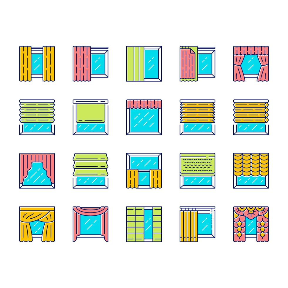 Fensterbehandlungen und Vorhänge Farbsymbole gesetzt. Raffrollos, Jalousien, Volant, Paneel, Fensterläden. Raumverdunkelung. Innenarchitektur, Einrichtungsgeschäft. isolierte vektorillustrationen vektor