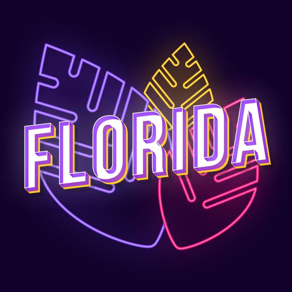 Florida Vintage 3D-Vektor-Schriftzug. Retro-fette Schriftart, Schriftart. Stilisierter Text der Pop-Art. Neonlichtbuchstaben im alten Schulstil. 90er, 80er Jahre Poster, Banner. dunkle violette Blätter Farbe Hintergrund vektor