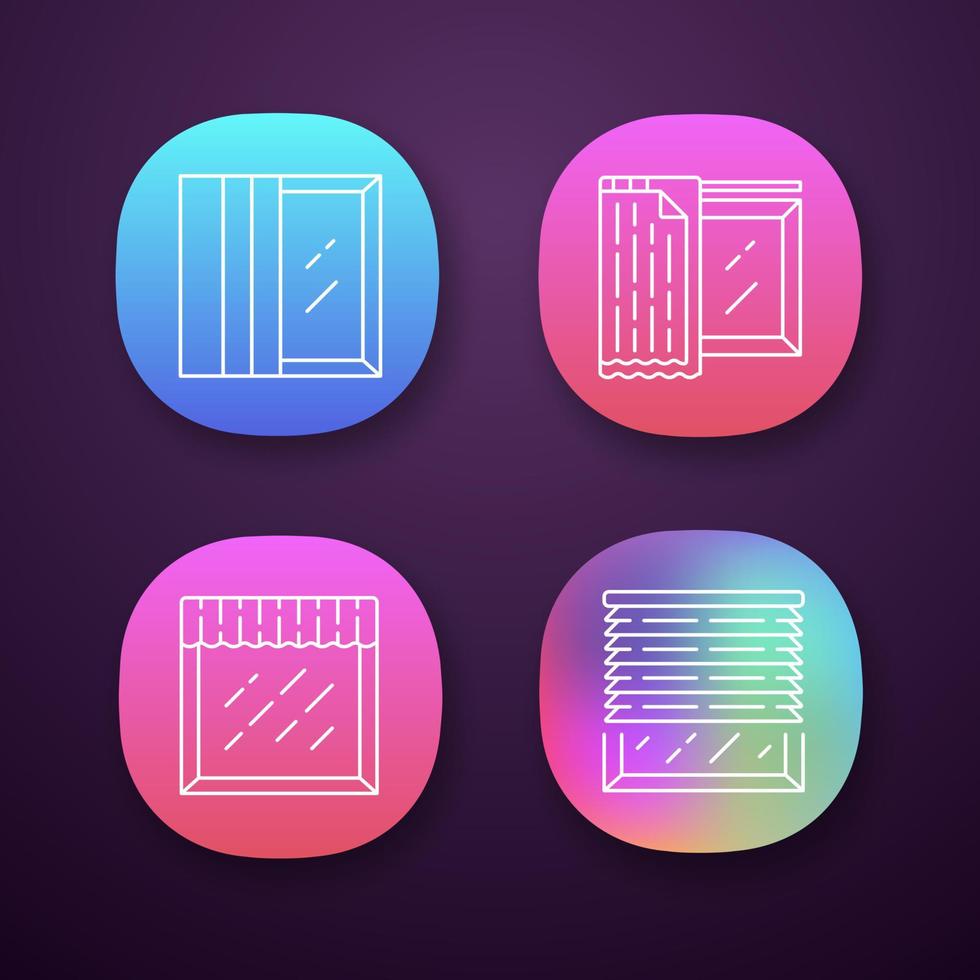 Fensterbehandlungen App-Symbole gesetzt. Plattenschienen, Liner, Volant. Hausdekoration. Küchenvorhang. Innenarchitektur des Hauses. ui ux-Benutzeroberfläche. Web- oder mobile Anwendungen. isolierte Vektorgrafiken vektor
