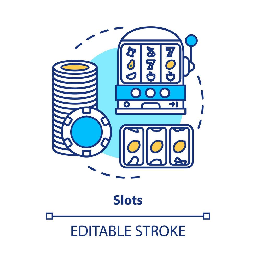 Slot-Konzept-Symbol. ein bewaffneter Bandit, dünne Linie Illustration der Spielautomatenidee. online Glücksspiel. Lucky Seven, Fruchtdrehungen. Roulette. Vektor isolierte Umrisszeichnung. bearbeitbarer Strich