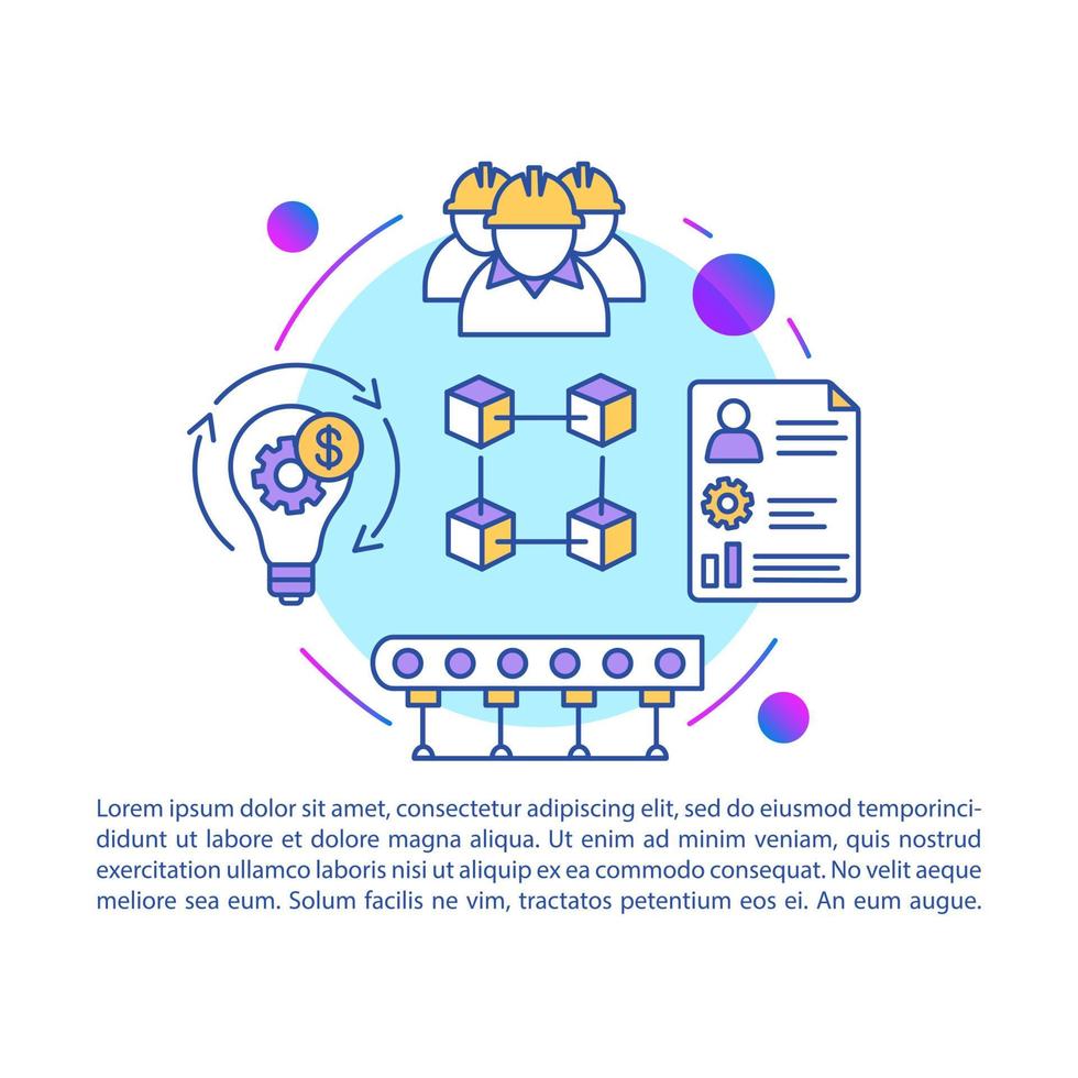 Vektorvorlage für die Artikelseite des Wirtschaftsingenieurwesens. Herstellungsprozess. Broschüre, Broschürengestaltungselement mit linearen Symbolen und Textfeldern. Druckdesign. Konzeptillustrationen mit Textraum vektor