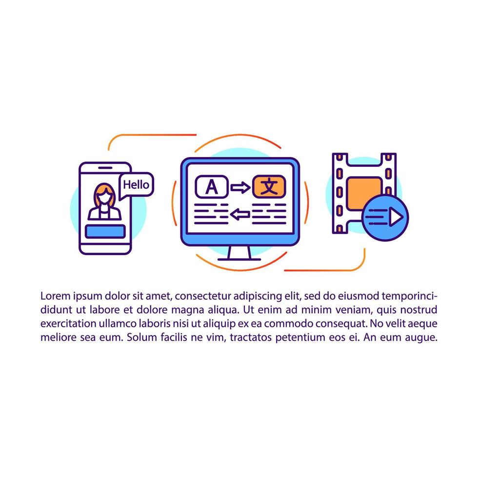 Vektorvorlage für Medien- und digitale Übersetzungsartikelseiten. Online-Übersetzer. Broschüre, Zeitschrift, Broschürenelement mit linearen Symbolen und Textfeldern. Druckdesign. Konzeptillustrationen mit Textraum vektor