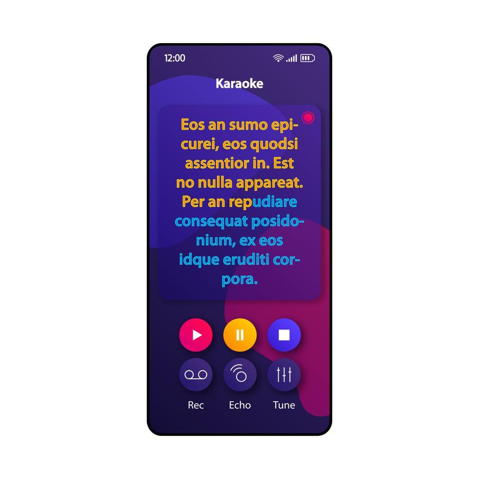 Karaoke-Spaß Smartphone-Schnittstelle Vektor-Vorlage. violettes Design-Layout der mobilen App-Seite. Liedtexte, Textbildschirm. flache ui für die anwendung. Singen Song Club Performance Telefondisplay vektor