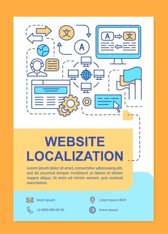 Layout der Website-Lokalisierungsbroschüre. Übersetzung von Webseiten. Flyer, Broschüre, Broschürendruckdesign mit linearen Illustrationen. Vektorseitenlayouts für Zeitschriften, Berichte, Werbeplakate vektor