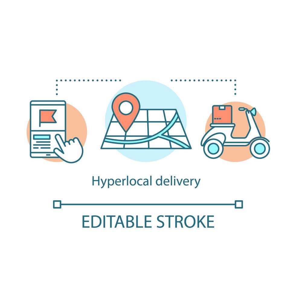 hyperlokal leverans koncept ikon. on demand tjänst idé tunn linje illustration. transportverksamhet. smartphone, karta och skoter med paket vektor isolerade konturritning. redigerbar linje