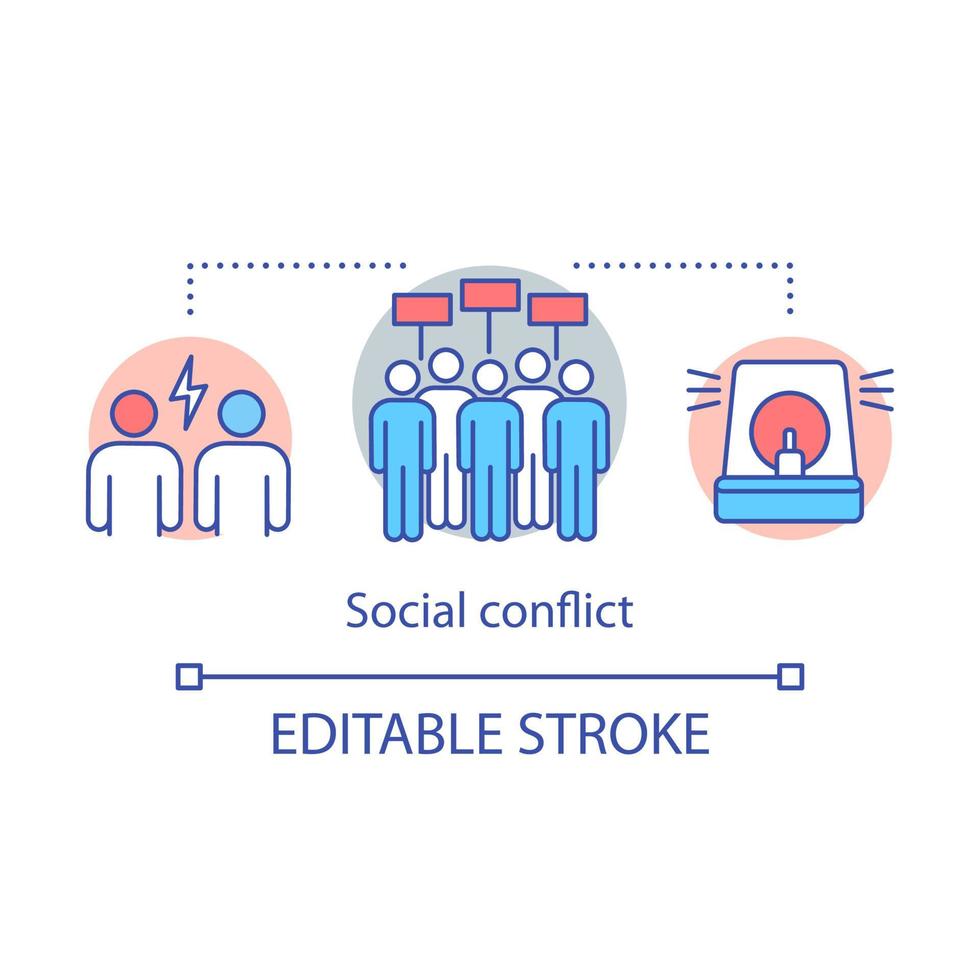 Symbol für soziale Konflikte und Streitigkeiten. Antisoziales Verhalten und Aggression Idee dünne Linie Illustration. Schutz der Menschenrechte. Protestaktion, Streikposten. Vektor isolierte Zeichnung. bearbeitbarer Strich