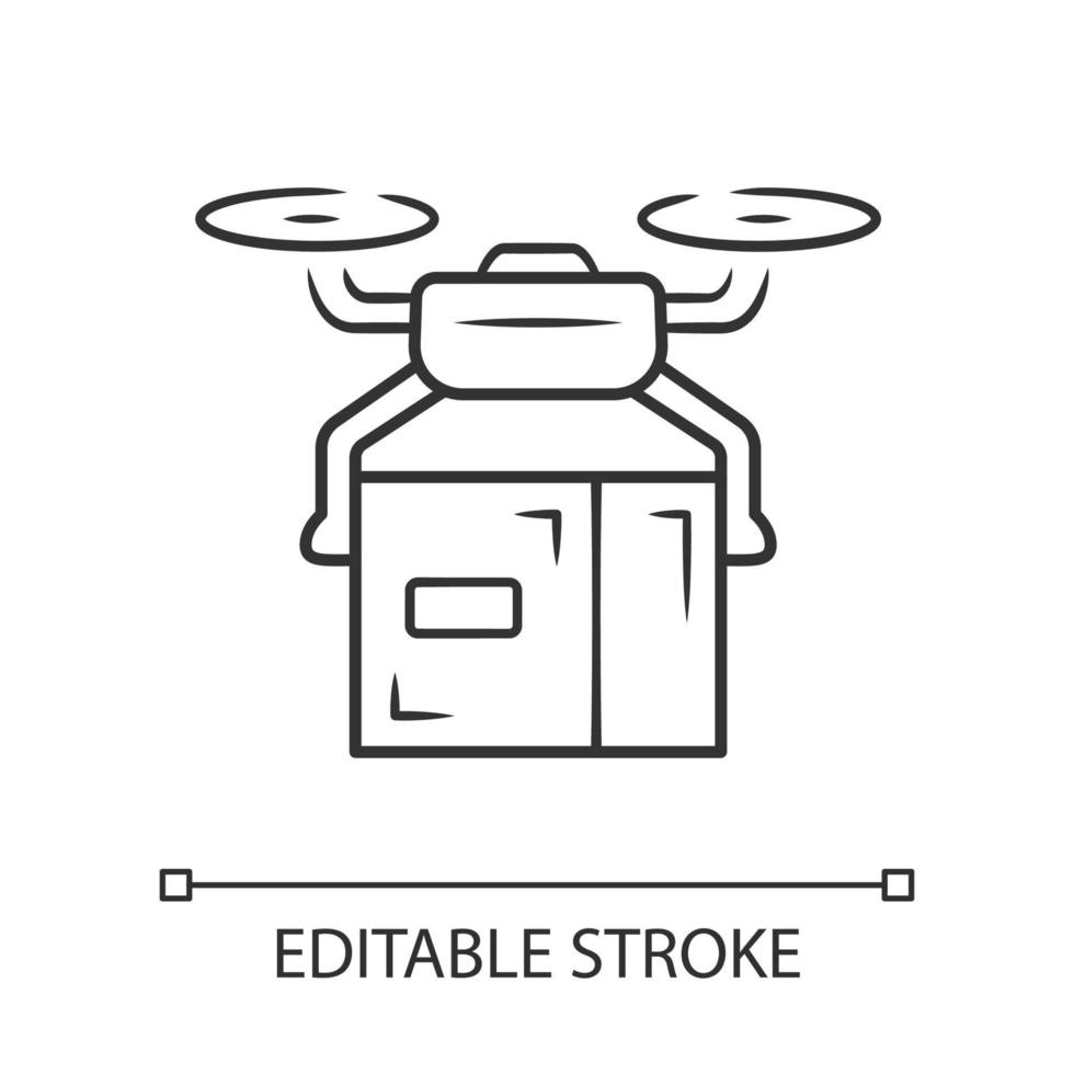 leverans drönare linjär ikon. quadcopter som transporterar paket. uav med kartong. autonom leverans. obemannat flygfordon och paket. kontur symbol. vektor isolerade ritning. redigerbar linje