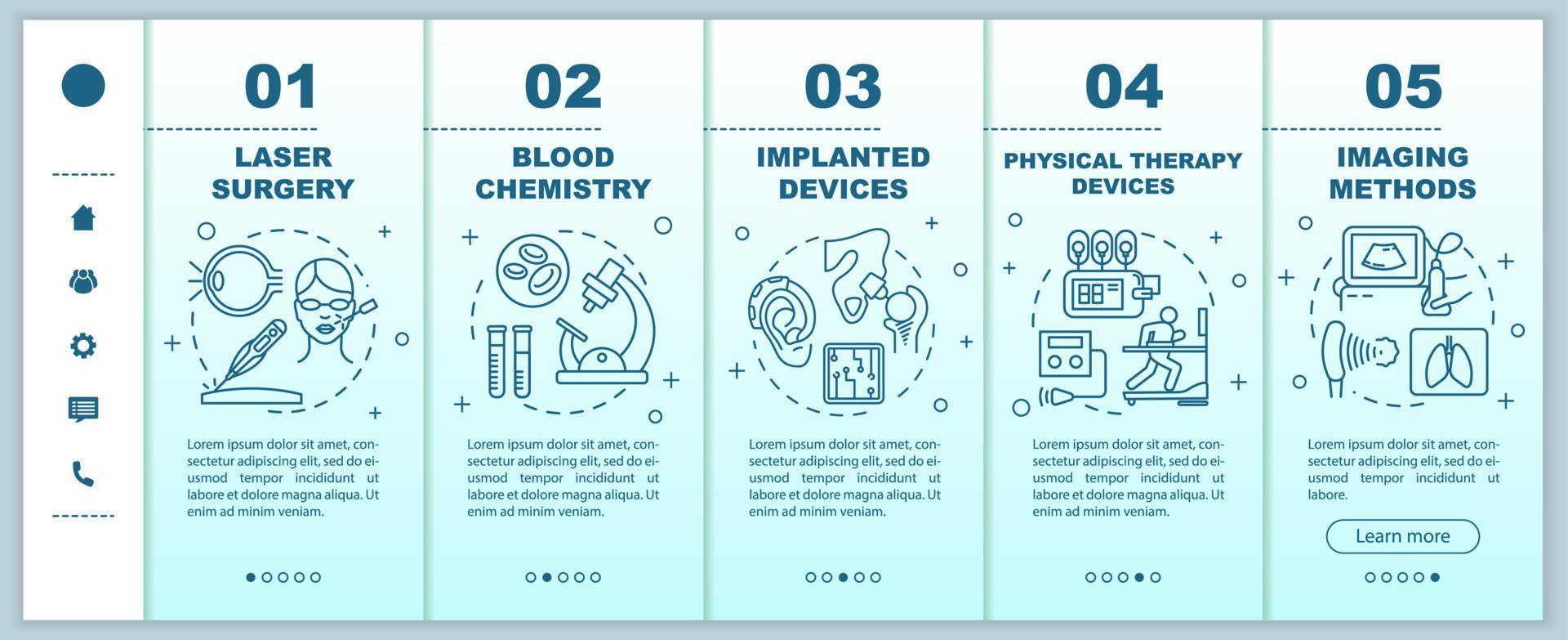 Biomedizinische Technik Onboarding mobiler Webseiten Vektorvorlage. Blutchemie. Responsive Smartphone-Website-Schnittstellenidee, lineare Illustrationen. Schrittbildschirme für die Website-Walkthrough-Schritte. Farbkonzept vektor