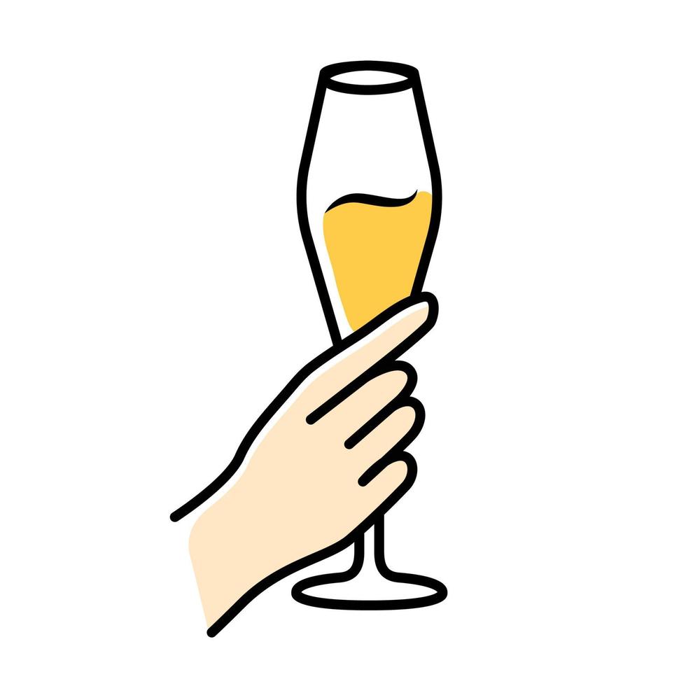 Hand mit Tulpenglas Weißwein Farbsymbol. Champagnerglas. Glas voll alkoholisches Getränk. Wein-Service. feiern, feiern. Hochzeit. Danke schön. Verkostung, Verkostung. isolierte Vektorillustration vektor