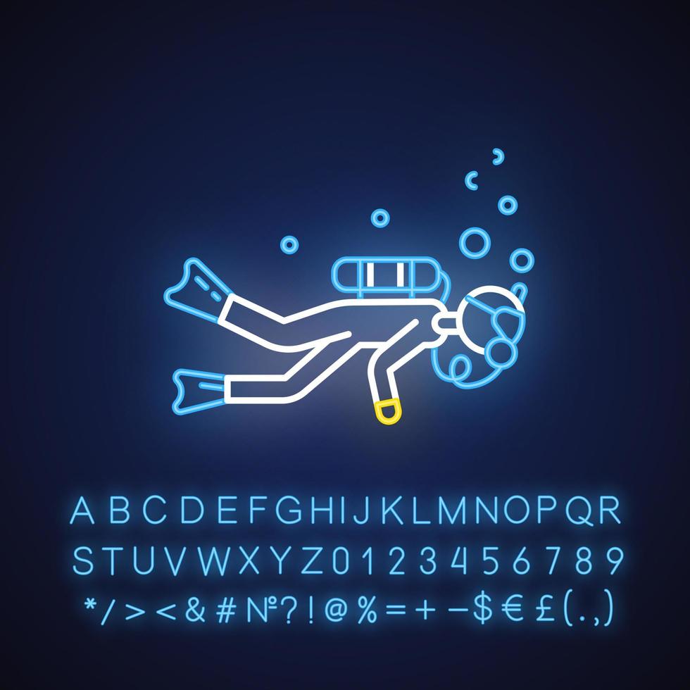 Tauchen Neonlicht-Symbol. Wassersport, extremer Unterwassersport. Freizeitaktivität im Freien. Schnorcheln. leuchtendes Schild mit Alphabet, Zahlen und Symbolen. isolierte Vektorgrafik vektor