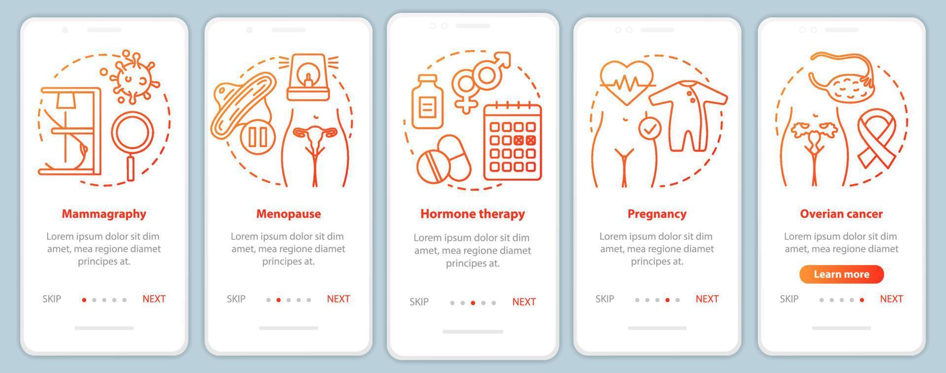 kvinnor sjukvård röd onboarding mobil app sida skärm vektor mall. graviditet, äggstockscancer, klimakteriet. genomgång av webbplatssteg med linjära ikoner. ux, ui, gui smartphone gränssnitt koncept