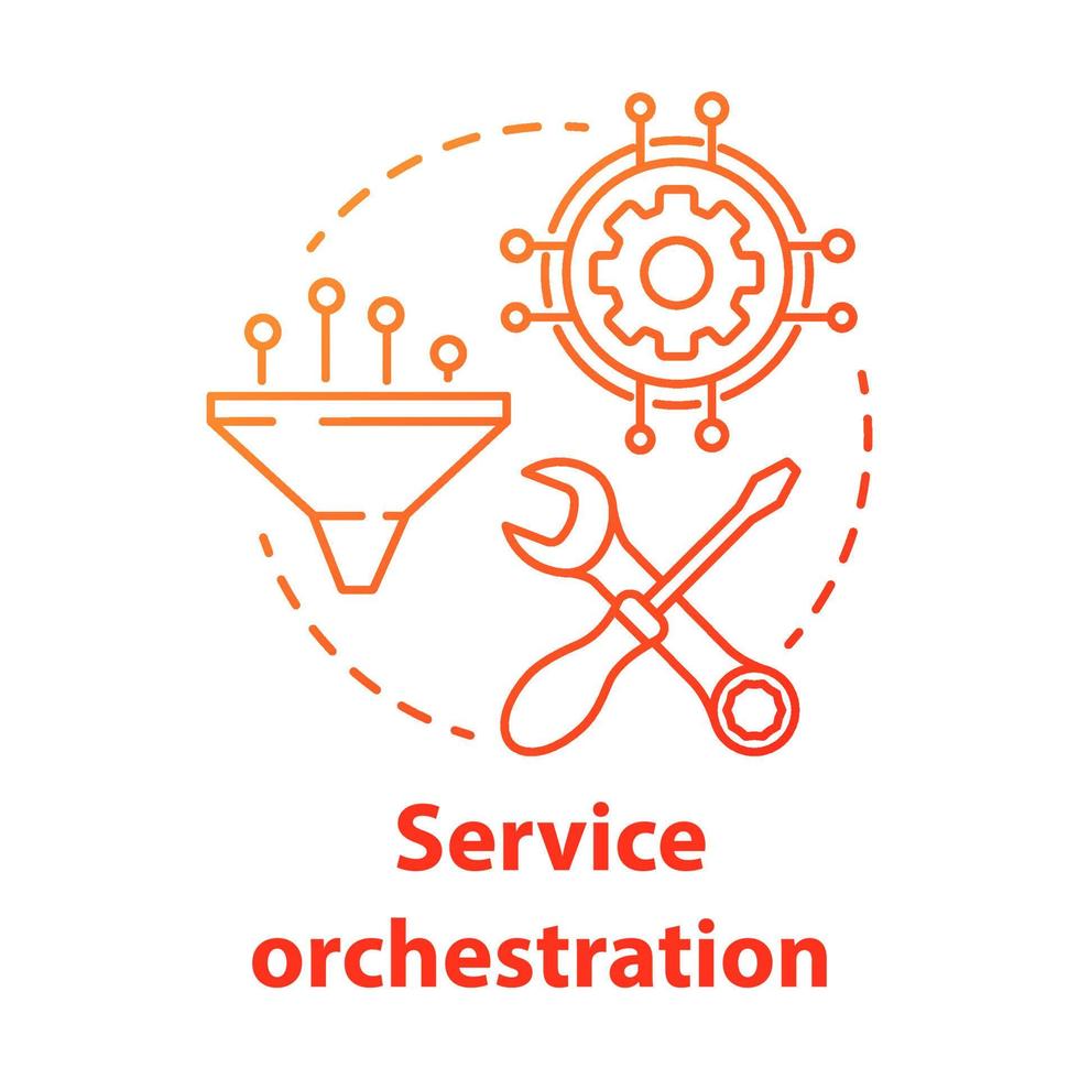 Symbol für das Konzept der Service-Orchestrierung. Softwareentwicklungsidee dünne Linie Abbildung. Programmierung und Codierung. Anwendungspflege und Optimierung. Vektor isolierte Umrisszeichnung