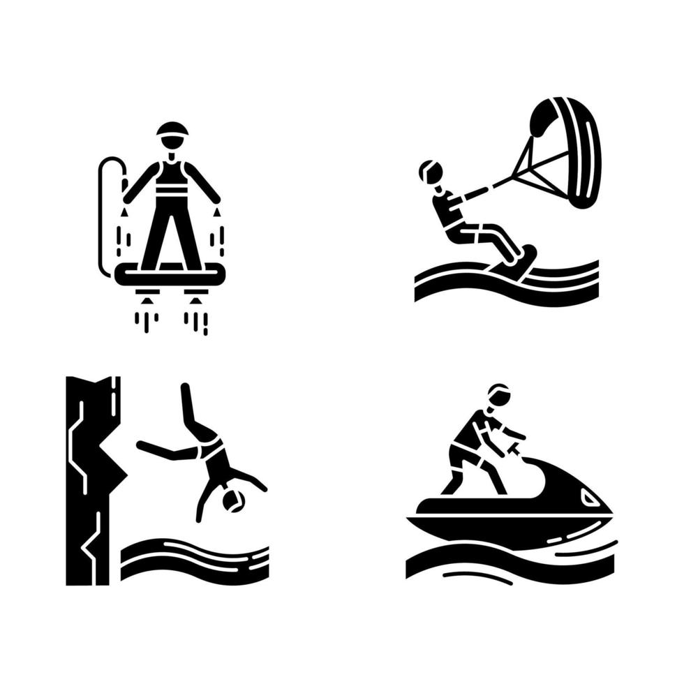 vattensport glyf ikoner set. flyboarding, kiteboarding, cliff diving och jetskiing. extrema sporter. hav och hav strand fritid. siluett symboler. vektor isolerade illustration