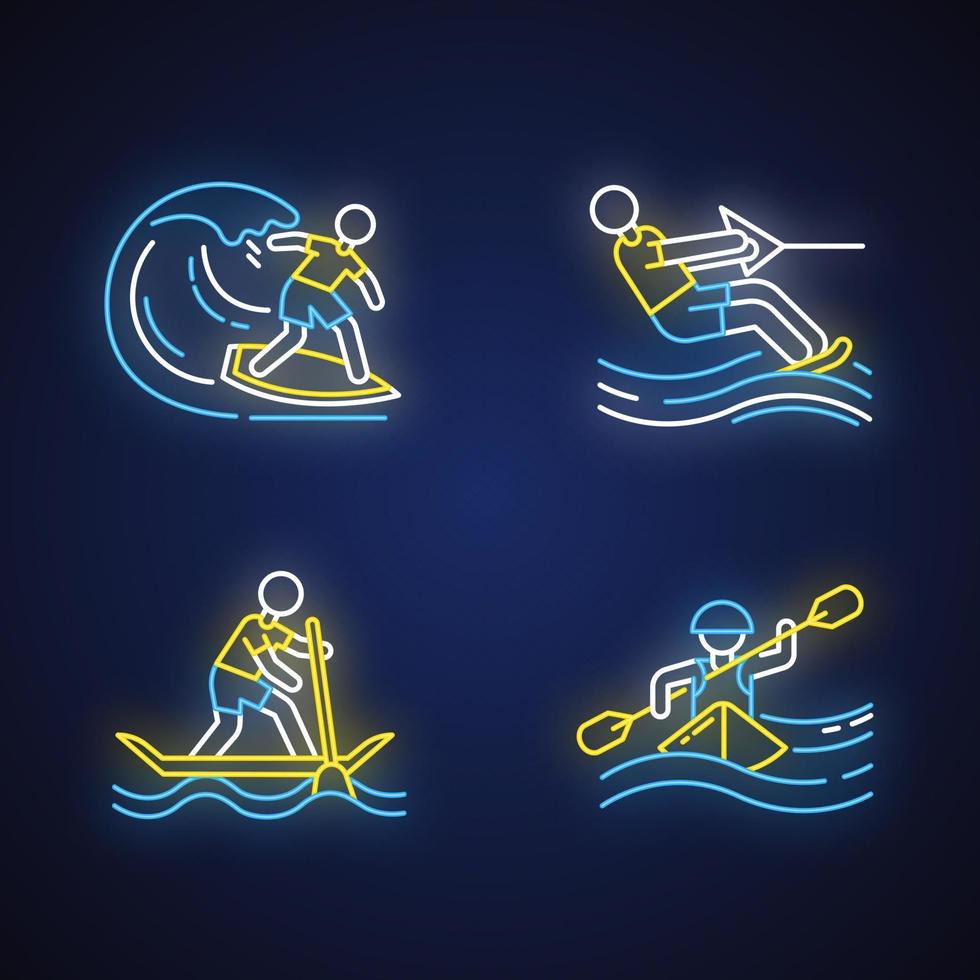 vattensport neonljus ikoner set. surfing, vattenskidor, forsränning och sup boarding. extrema sporter. sommarlov fritid, äventyr. glödande tecken. vektor isolerade illustrationer