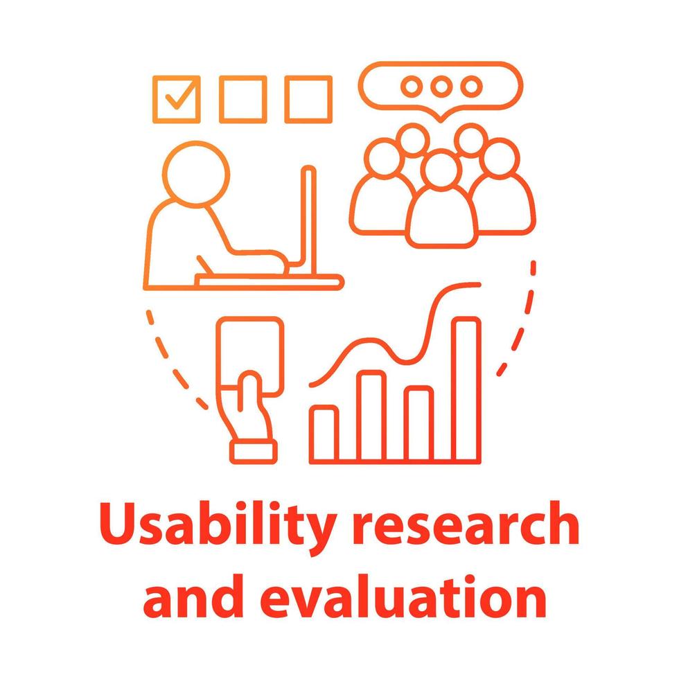 Symbol für das Konzept der Usability-Forschung und -Bewertung. Softwareentwicklungsidee dünne Linie Abbildung. Programmierung von Mobilgeräten. Bewerbungsmanagement. Vektor isolierte Umrisszeichnung