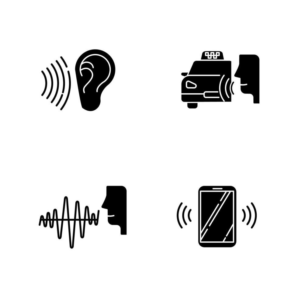 Spracherkennungssymbole für Glyphen gesetzt. Stimmenkontrolle. Schallwelle, Sprachbefehl, Taxibestellung. interaktives Antwortsystem. reden und zuhören. Silhouette-Symbole. isolierte Vektorgrafik vektor