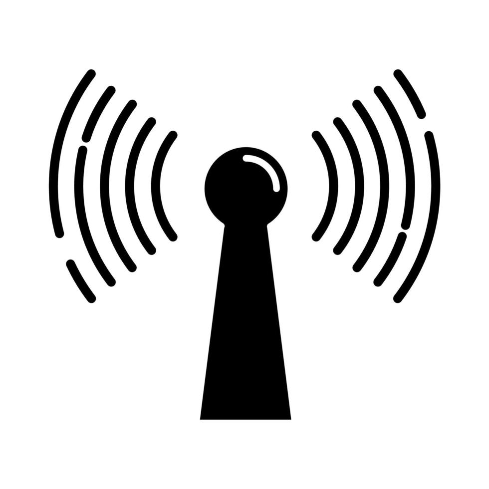 radiosignal glyfikon. trådlös anslutning. ljudvågor, ljudsändningar. hårdvara, utrustning, teknik. täckningsområde. siluett symbol. negativt utrymme. vektor isolerade illustration