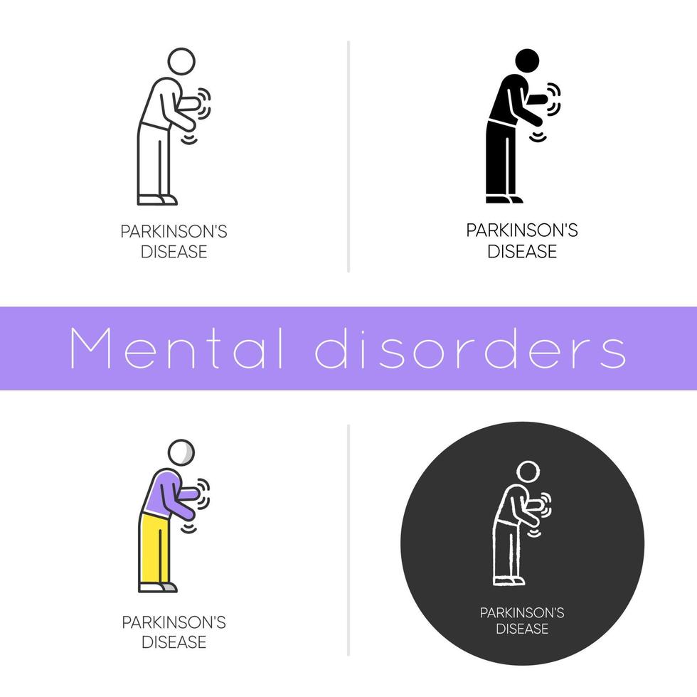 Parkinsons sjukdom ikon. rörelse- och gångsvårigheter. skakningar och stelhet. parkinsons syndrom. psykisk ohälsa. platt design, linjär och färgstilar. isolerade vektorillustrationer vektor