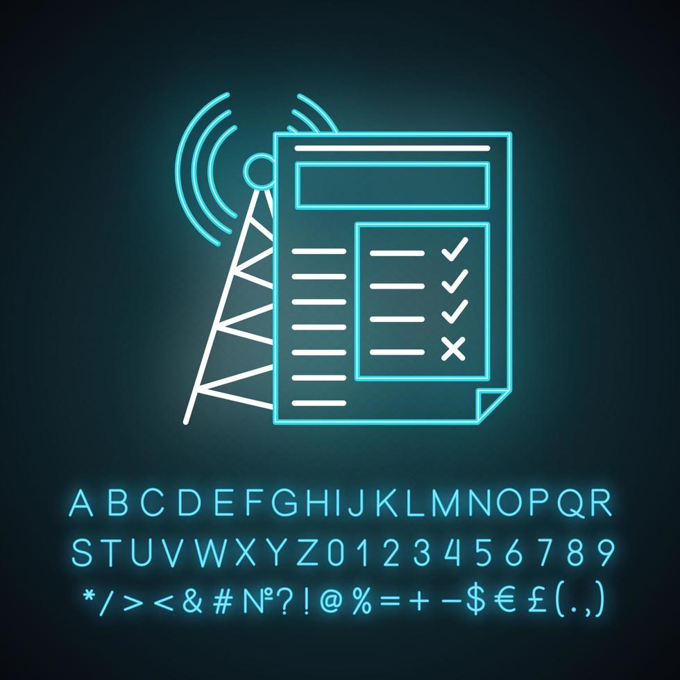 Symbol für Neonlicht-Umfrage zur Servicequalität. Umfrage zur Internetverbindung. Verbraucherbewertung. Kundenzufriedenheit. Benutzer-Feedback. leuchtendes Schild mit Alphabet, Zahlen und Symbolen. isolierte Vektorgrafik vektor